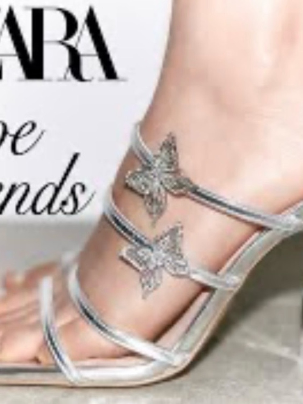 Zara Metallic Silver Strappy Heels with Butterfly Embellishments